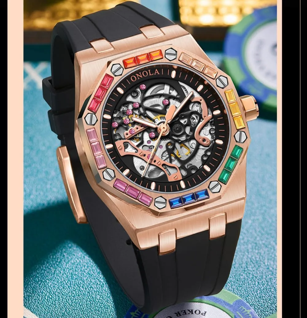 Silicone Strap Waterproof Luminous Watches Fashion Men Rainbow Diamond exhale mere stem pantomimic Bezel Wristwatch Luxury Skeleton Hollow Automatic Self-Wind Mechanical Watch 