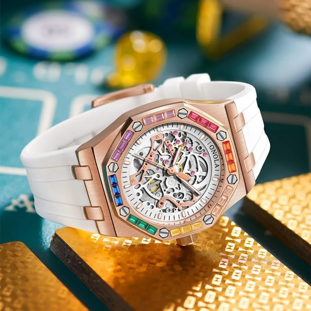 Silicone Strap Waterproof Luminous Watches Fashion Men Rainbow Diamond exhale mere stem pantomimic Bezel Wristwatch Luxury Skeleton Hollow Automatic Self-Wind Mechanical Watch 