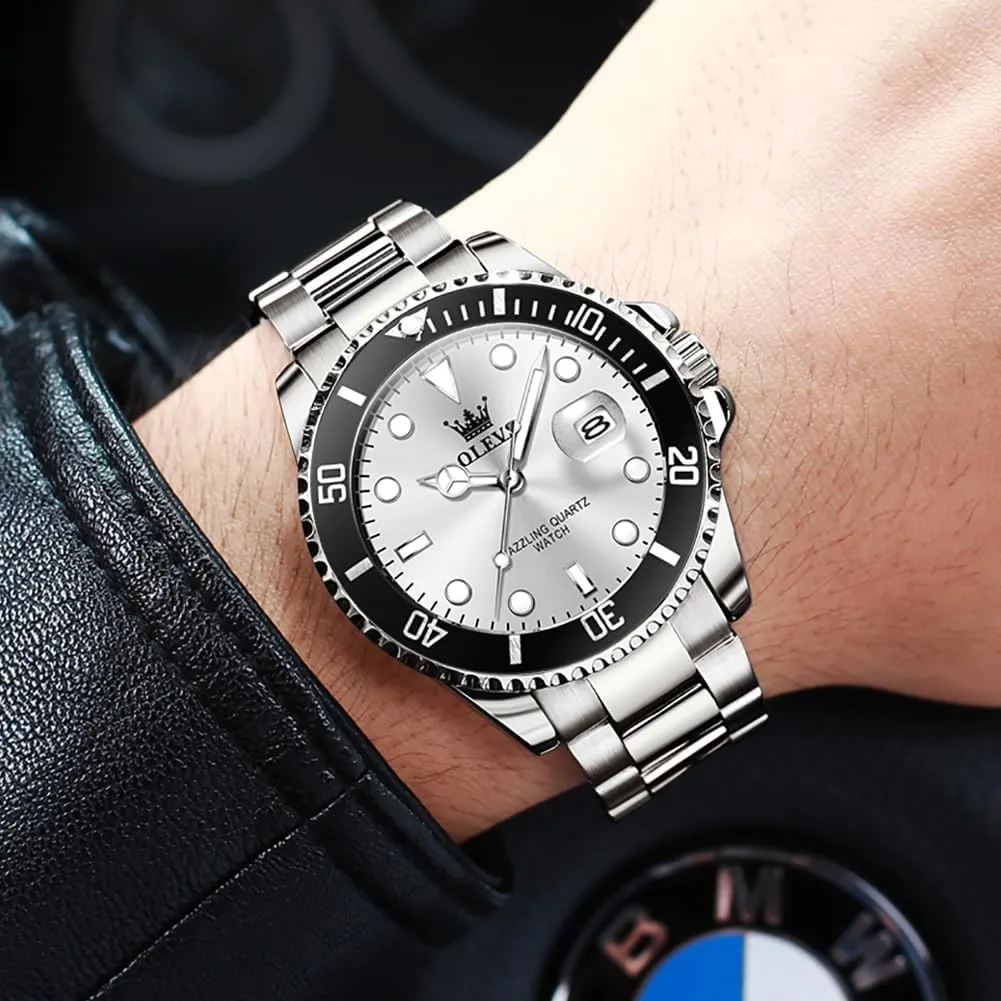 Silver Dress Gold Classic Luxury Big Large Face Waterproof Watches for Men, Analog Two Tone Stainless Steel Men Wrist Watch with Date Relojes deadly massive radio De Hombre (Green/Blue/Black Dial OLEVS Mens Watches, 