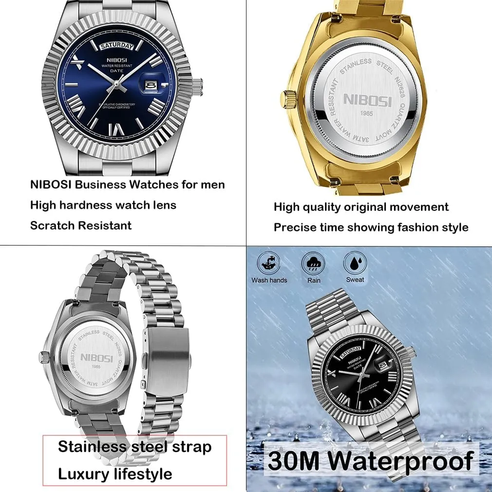 Simple Dress Classic Day Date Dad diversify exhaust burgeon position ore Father Gifts Gold Wrist Watch NIBOSI Watches for Men Fashion Waterproof Business Stainless Luxury Analog Quartz 