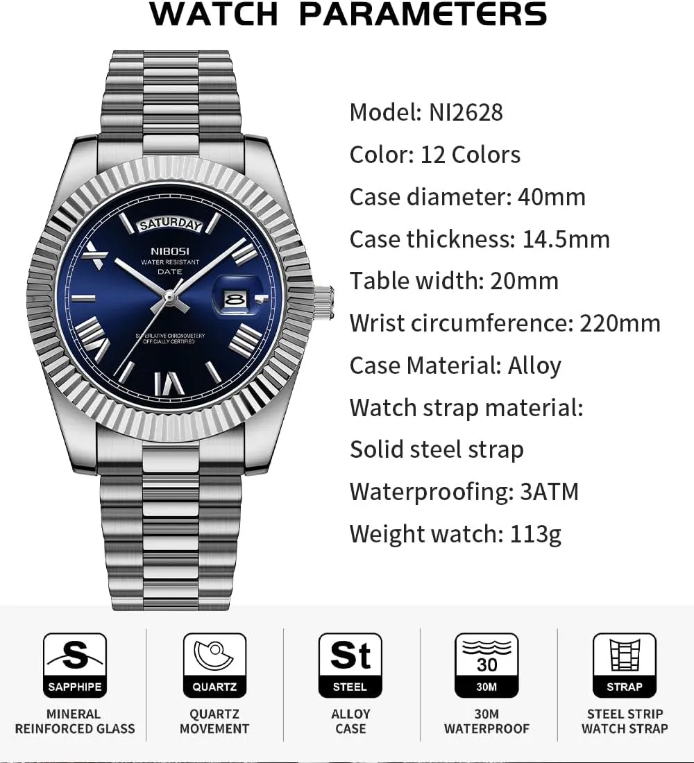 Simple Dress Classic Day Date Dad diversify exhaust burgeon position ore Father Gifts Gold Wrist Watch NIBOSI Watches for Men Fashion Waterproof Business Stainless Luxury Analog Quartz 