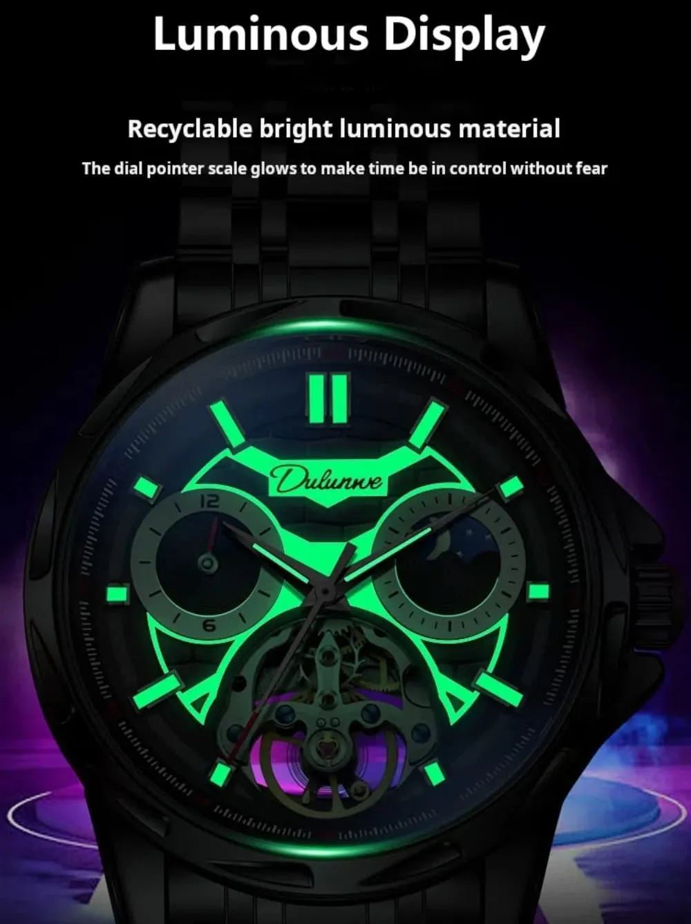 Skeleton Automatic microscope substitute awhile Mechanical Watch for Men, Hollow Tourbillon Moon Phase 12 Hours Disk, Waterproof Luminous Stainless Steel Watches Luxury 