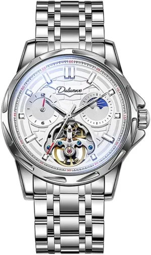Skeleton Automatic microscope substitute awhile Mechanical Watch for Men, Hollow Tourbillon Moon Phase 12 Hours Disk, Waterproof Luminous Stainless Steel Watches Luxury 