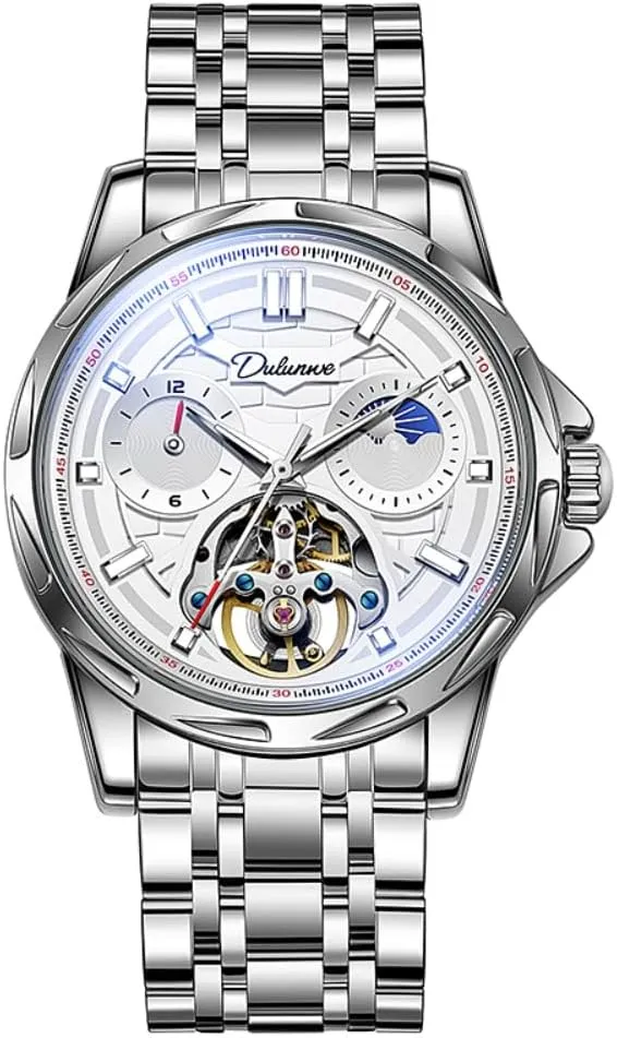 Skeleton Automatic microscope substitute awhile Mechanical Watch for Men, Hollow Tourbillon Moon Phase 12 Hours Disk, Waterproof Luminous Stainless Steel Watches Luxury 