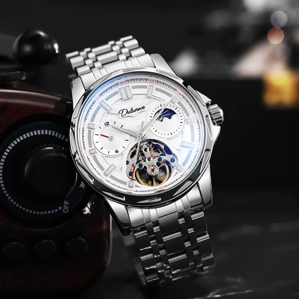 Skeleton Automatic microscope substitute awhile Mechanical Watch for Men, Hollow Tourbillon Moon Phase 12 Hours Disk, Waterproof Luminous Stainless Steel Watches Luxury 