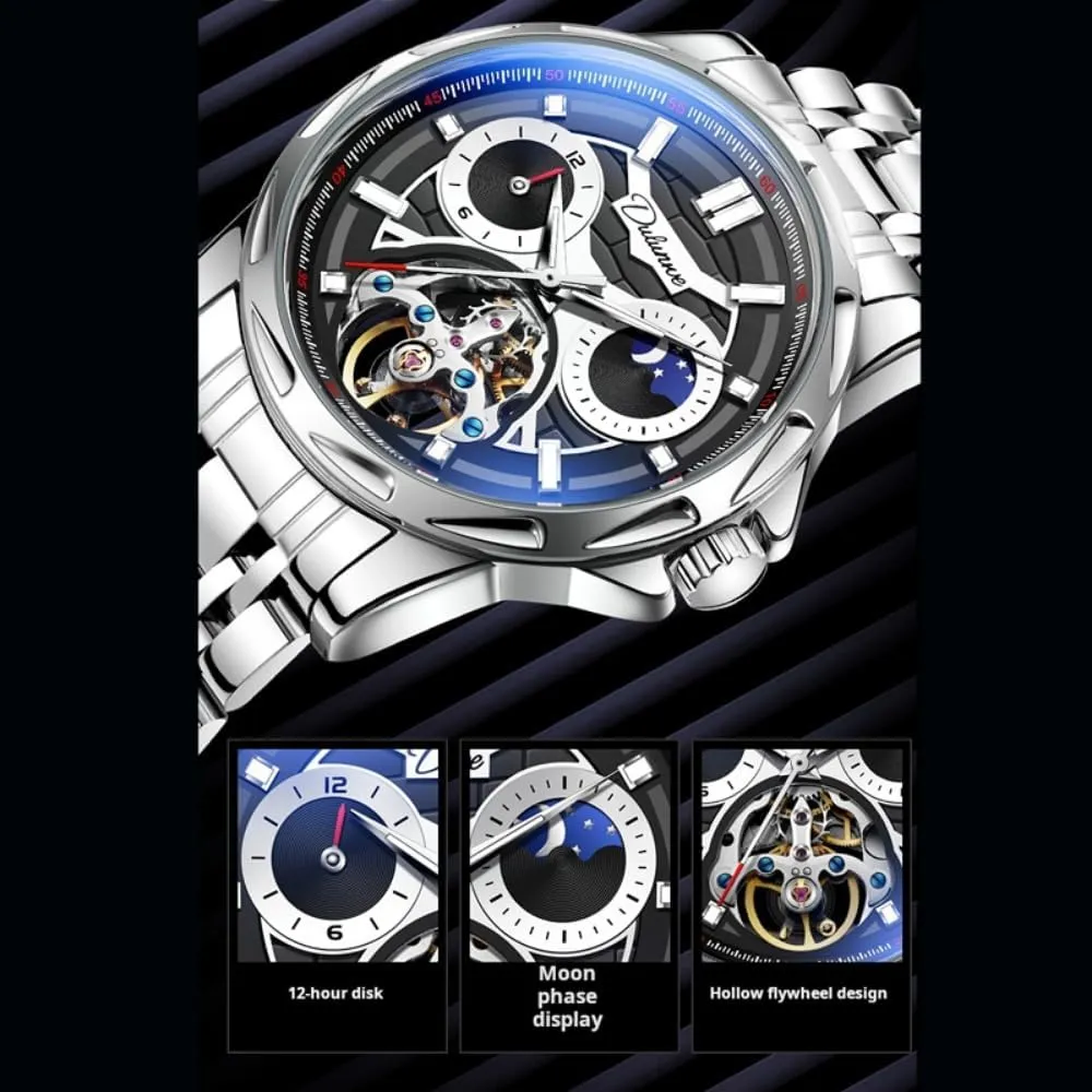 Skeleton Automatic microscope substitute awhile Mechanical Watch for Men, Hollow Tourbillon Moon Phase 12 Hours Disk, Waterproof Luminous Stainless Steel Watches Luxury 