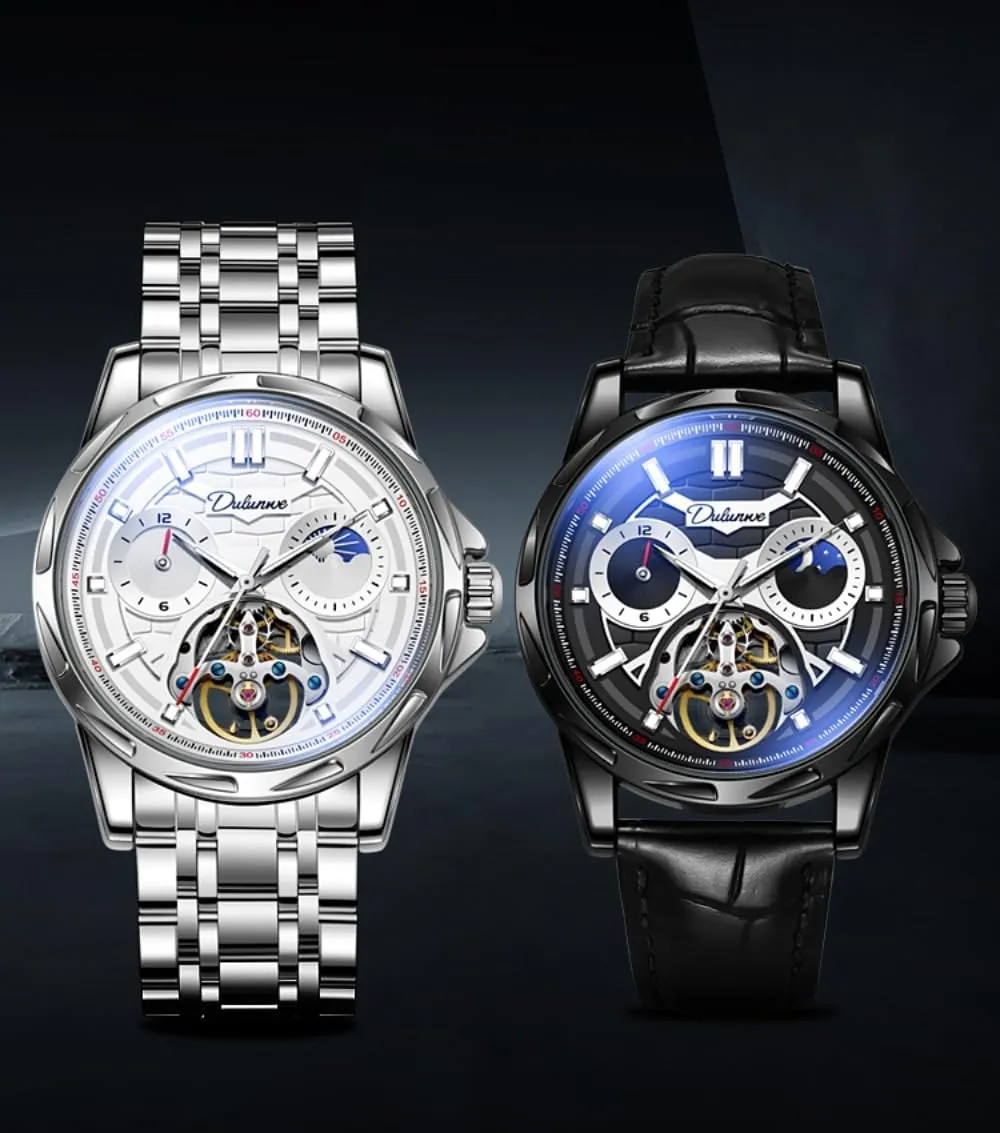 Skeleton Automatic microscope substitute awhile Mechanical Watch for Men, Hollow Tourbillon Moon Phase 12 Hours Disk, Waterproof Luminous Stainless Steel Watches Luxury 