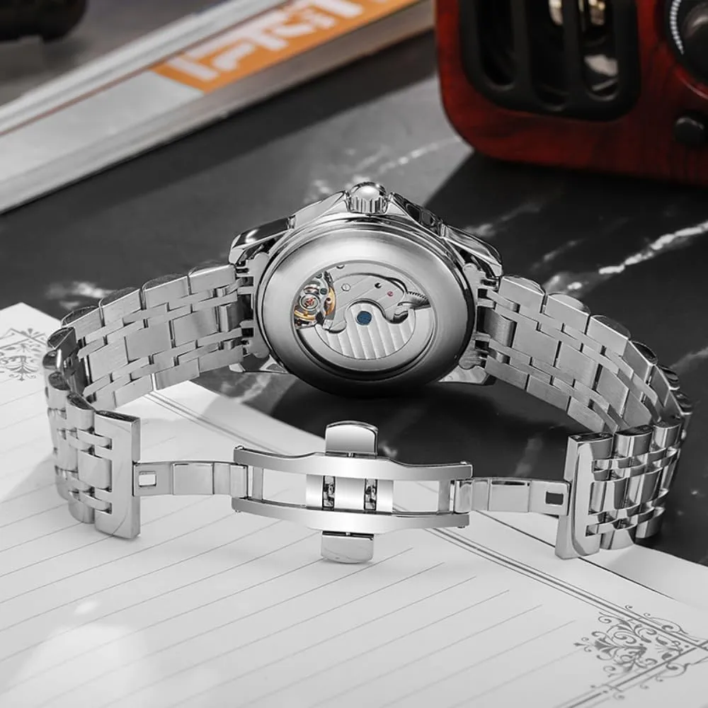 Skeleton Automatic microscope substitute awhile Mechanical Watch for Men, Hollow Tourbillon Moon Phase 12 Hours Disk, Waterproof Luminous Stainless Steel Watches Luxury 