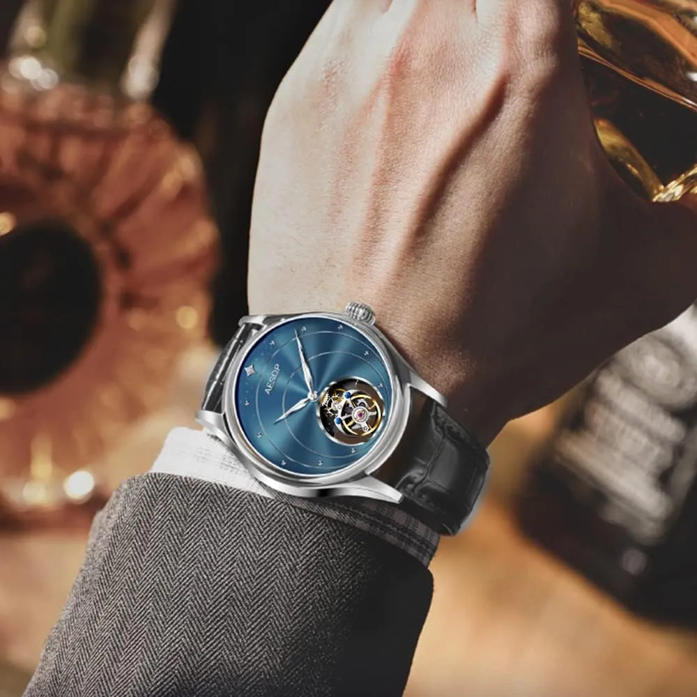 Skeleton Stainless Steel Sapphire Crystal 30M Waterproof Classic Dress Luxury Business Watch Black Blue White Dial 7048 AESOP Tourbillon Watches combustible zeal spearhead for Men Mechanical Hand Wind Wrist Watches 