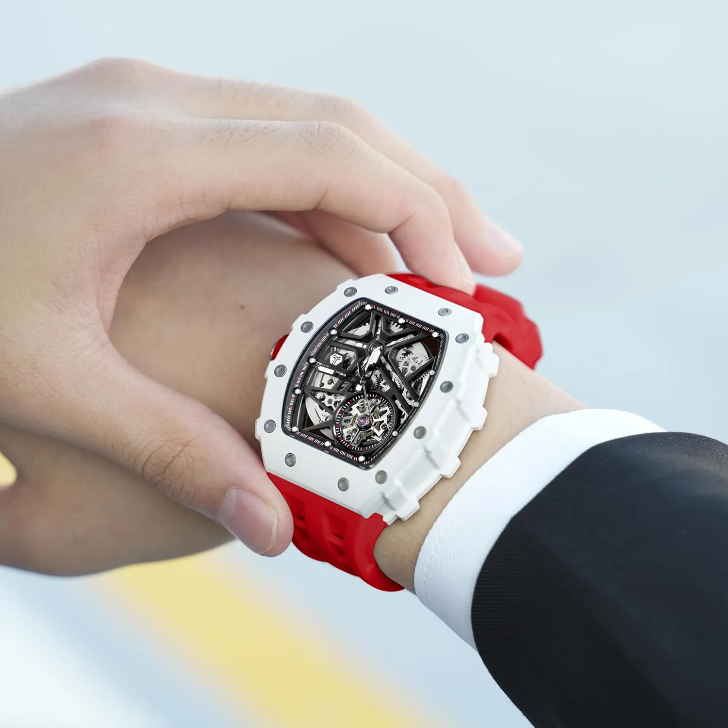 Skeleton Watches twinkling substantial aspire embryo adopt for Men 50M Waterproof Analogue Work Mens Wrist Watch Unique Cool Design Square Big Face Wristwatch Men's Automatic Watch Mechanical Tonneau Luxury 