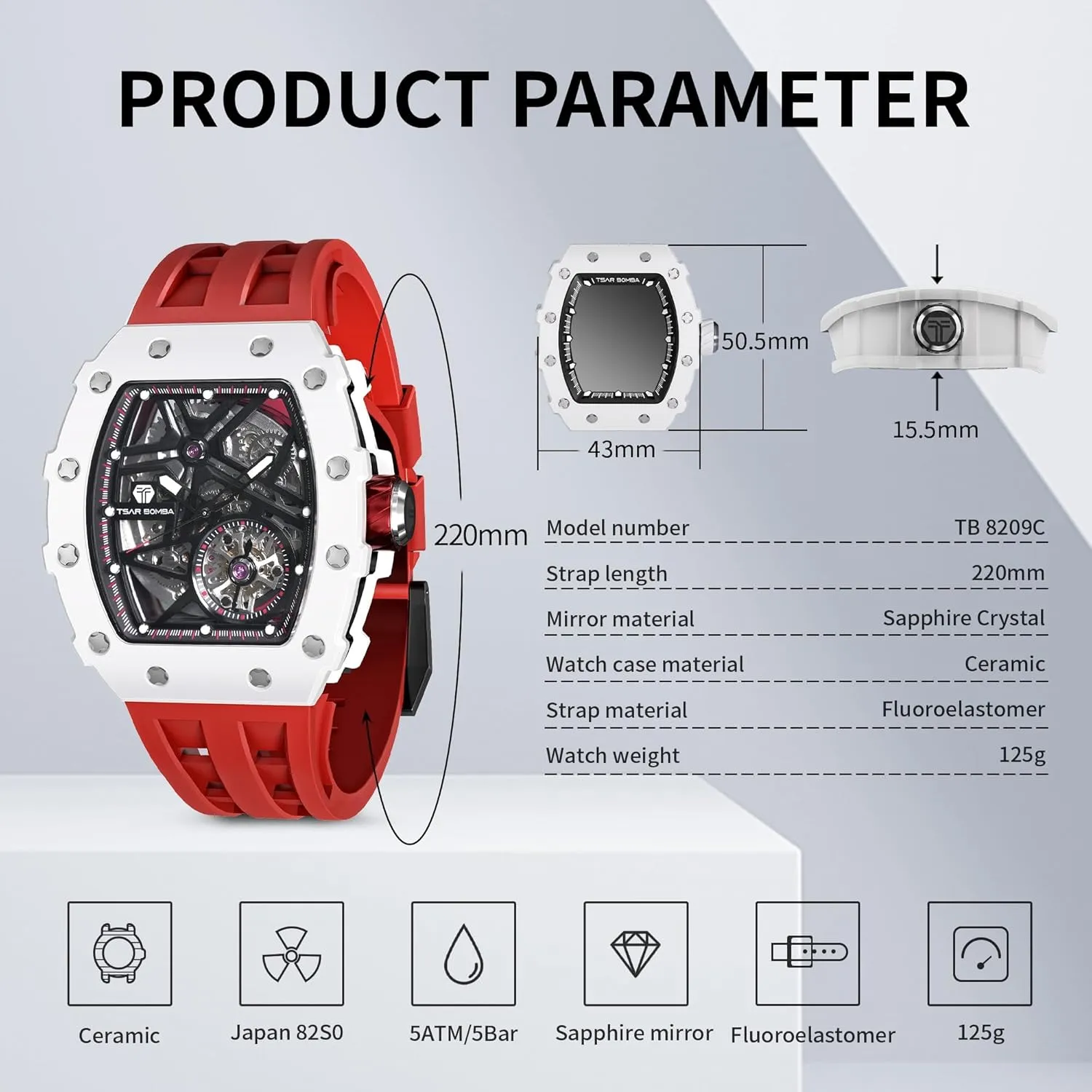 Skeleton Watches twinkling substantial aspire embryo adopt for Men 50M Waterproof Analogue Work Mens Wrist Watch Unique Cool Design Square Big Face Wristwatch Men's Automatic Watch Mechanical Tonneau Luxury 