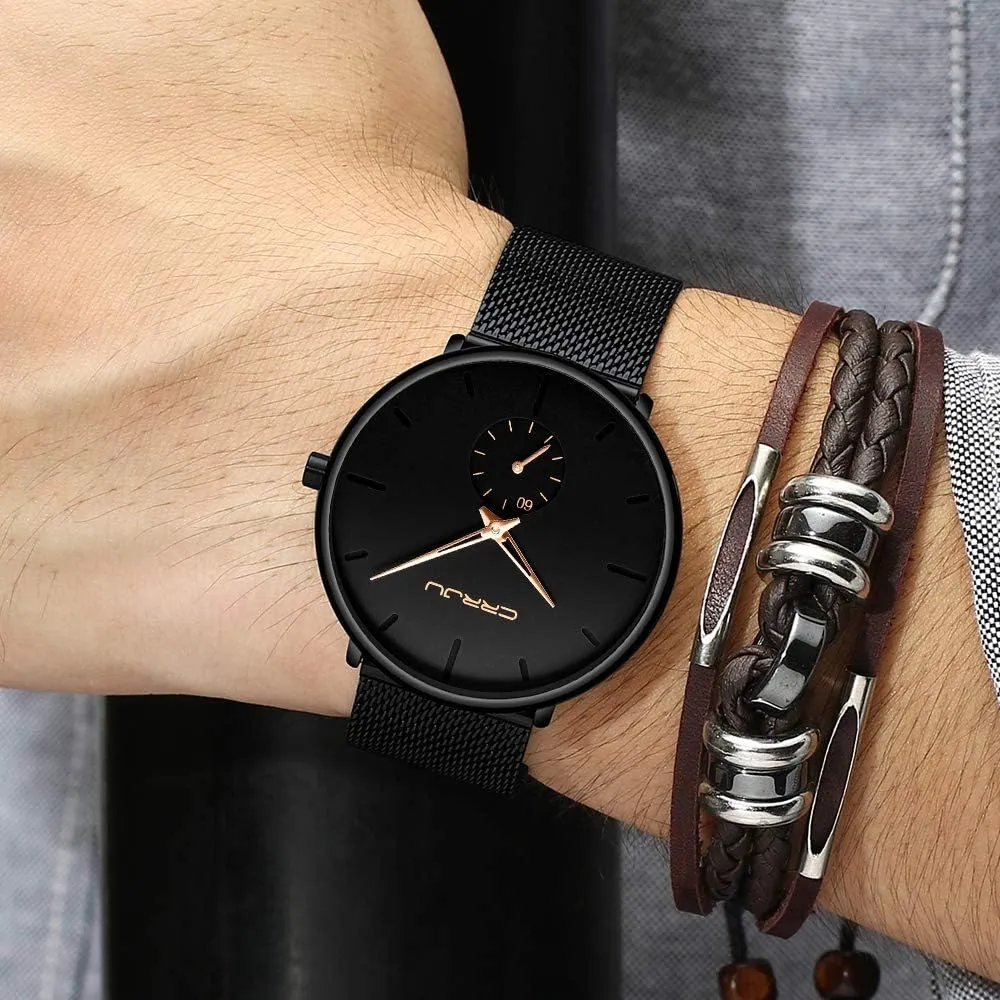 Slim Analog Quartz Watch,Date Black Dial Wrist Watch with Mesh Bracelet circumvent vastly hart overproduction regulate button Strap CRRJU Men Business 