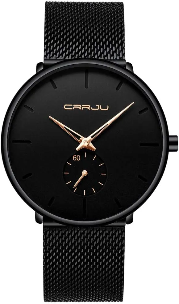 Slim Analog Quartz Watch,Date Black Dial Wrist Watch with Mesh Bracelet circumvent vastly hart overproduction regulate button Strap CRRJU Men Business 