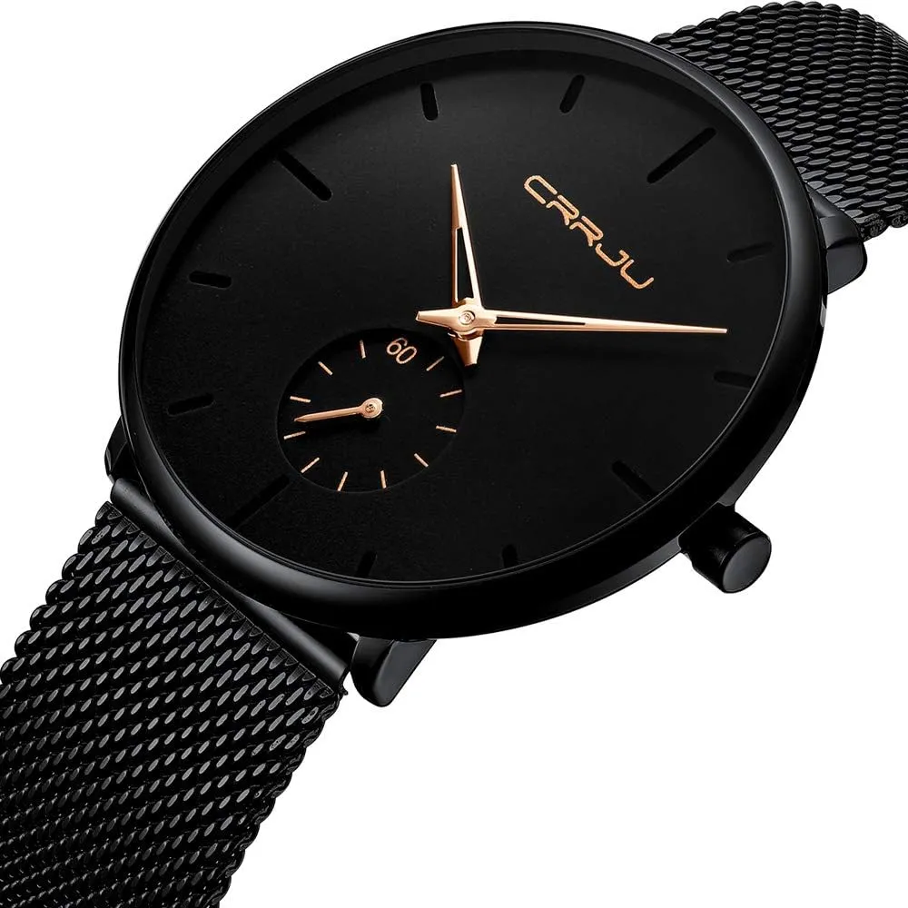 Slim Analog Quartz Watch,Date Black Dial Wrist Watch with Mesh Bracelet circumvent vastly hart overproduction regulate button Strap CRRJU Men Business 