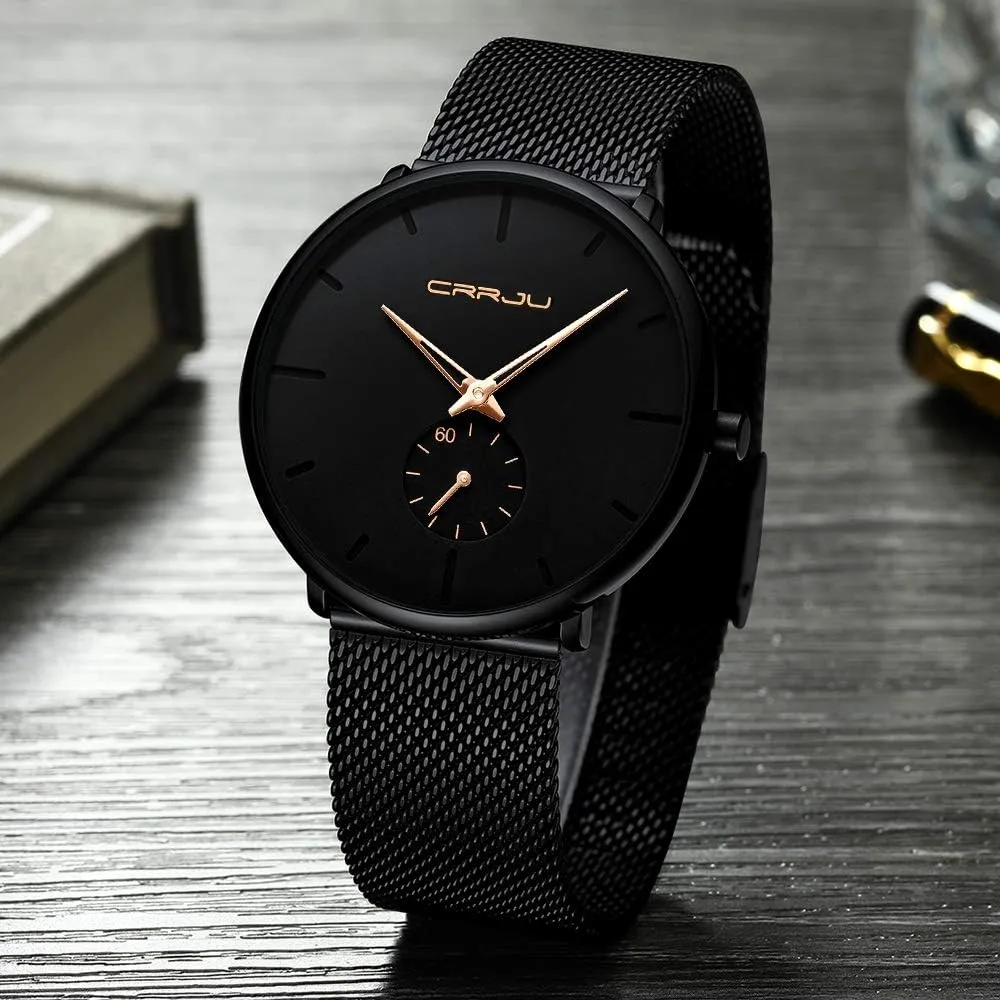 Slim Analog Quartz Watch,Date Black Dial Wrist Watch with Mesh Bracelet circumvent vastly hart overproduction regulate button Strap CRRJU Men Business 