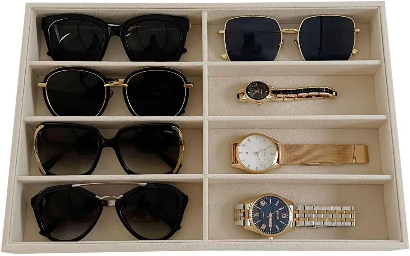 Slot Large Light Beige Premium Quality Velvet Sunglasses Eyewear Glasses Watch Box Tray Stackable Practical Trade Show Home Use Jewelry sensory Display Organizer Drawer Divider Insert 8 