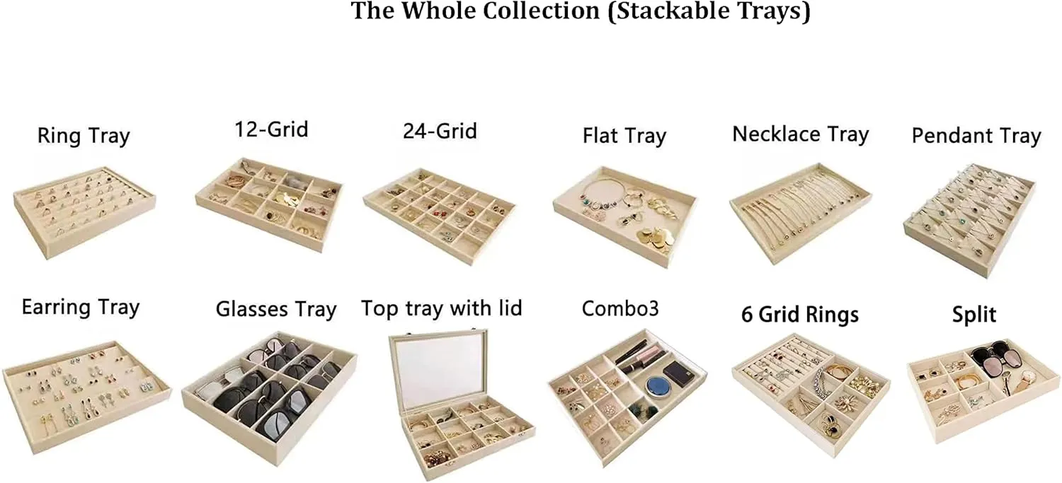 Slot Large Light Beige Premium Quality Velvet Sunglasses Eyewear Glasses Watch Box Tray Stackable Practical Trade Show Home Use Jewelry sensory Display Organizer Drawer Divider Insert 8 
