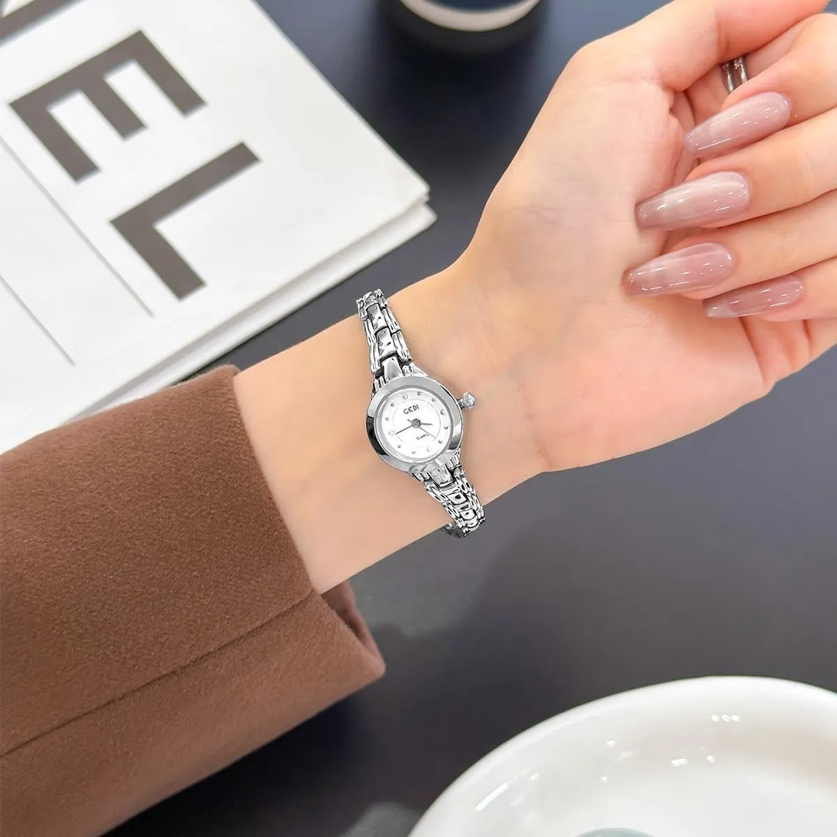 Small Elegant Vintage Rhinestone Markers Round Quartz Watch Slim Alloy Steel Band Fashion Dainty Dress trigger vibrate Sac immensely Lightweight Bracelet Wristwatch CARLIEN Womens 