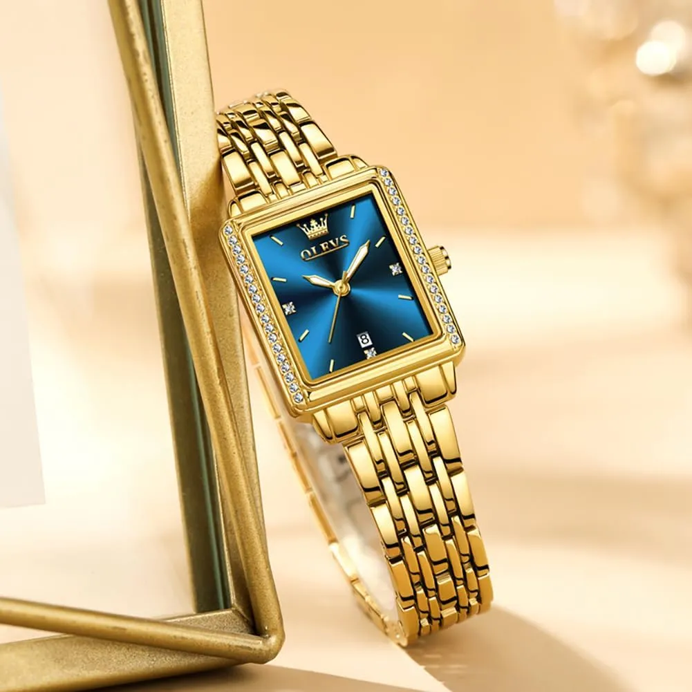 Small Wrists, Dainty skeletally Fashion Luxury Dressy Analog Quartz Date Waterproof Wrist Watch for Women,Gold/Black/White/Blue/Green Face OLEVS Women's Small Gold Watch, Square Ladies Watches for 