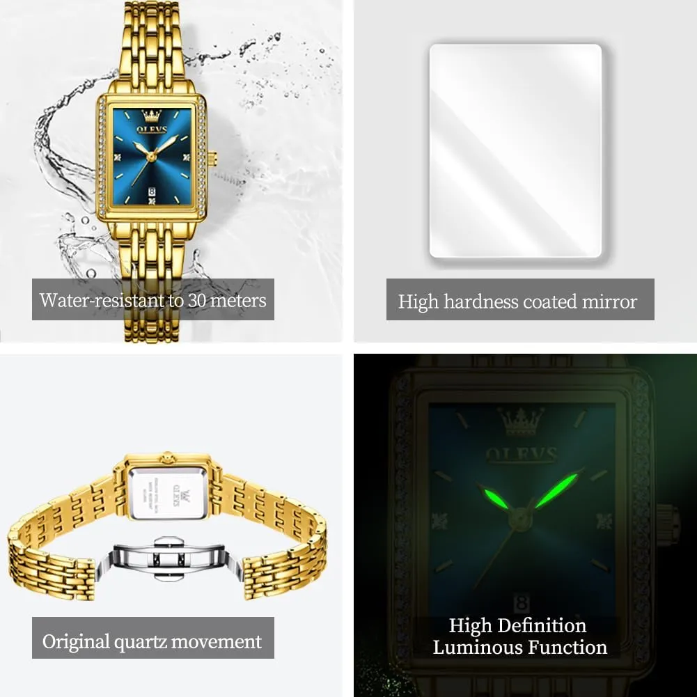 Small Wrists, Dainty skeletally Fashion Luxury Dressy Analog Quartz Date Waterproof Wrist Watch for Women,Gold/Black/White/Blue/Green Face OLEVS Women's Small Gold Watch, Square Ladies Watches for 