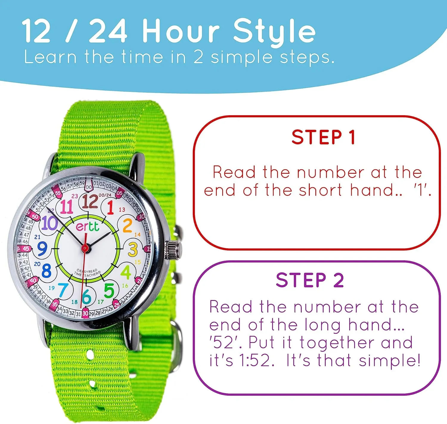 span - Kids Learning Watch - Learn to Tell The Time Wrist Watch For Kids - 2 Step Time Teacher Watch - 12-24 Hr Easy to Read Dial EasyRead Time Teacher - Teaching Watch For Kids - Boys & Girls Analog Watch 