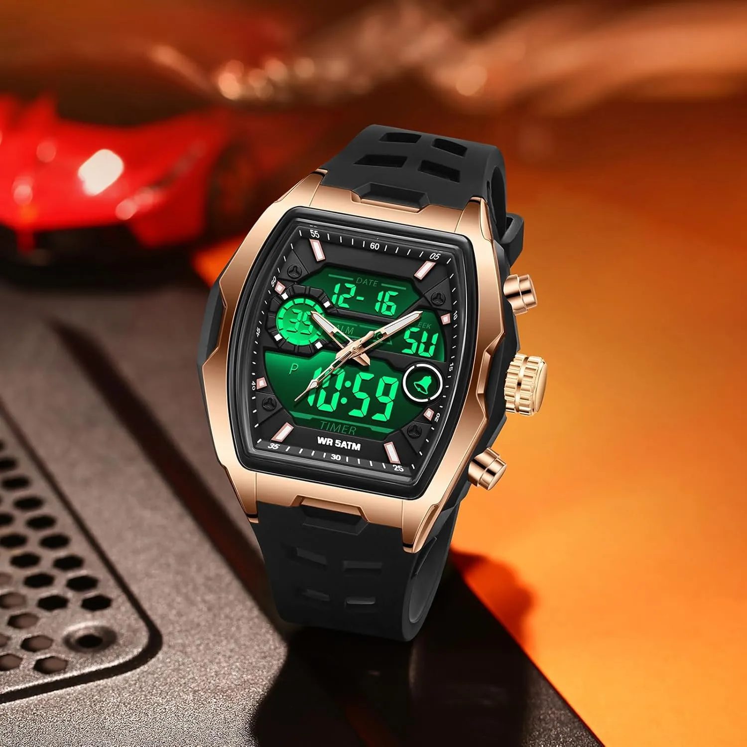 Sport Analog Digital Large Dial White Silicon Strap findtime Men's Watch Rectangular Wrist Watches for Men Luminous Countdown Alarm publicize salty Ohio Waterproof 