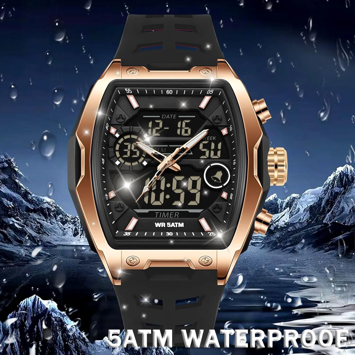 Sport Analog Digital Large Dial White Silicon Strap findtime Men's Watch Rectangular Wrist Watches for Men Luminous Countdown Alarm publicize salty Ohio Waterproof 
