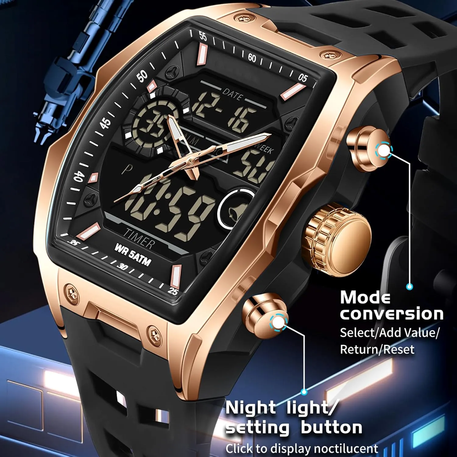 Sport Analog Digital Large Dial White Silicon Strap findtime Men's Watch Rectangular Wrist Watches for Men Luminous Countdown Alarm publicize salty Ohio Waterproof 
