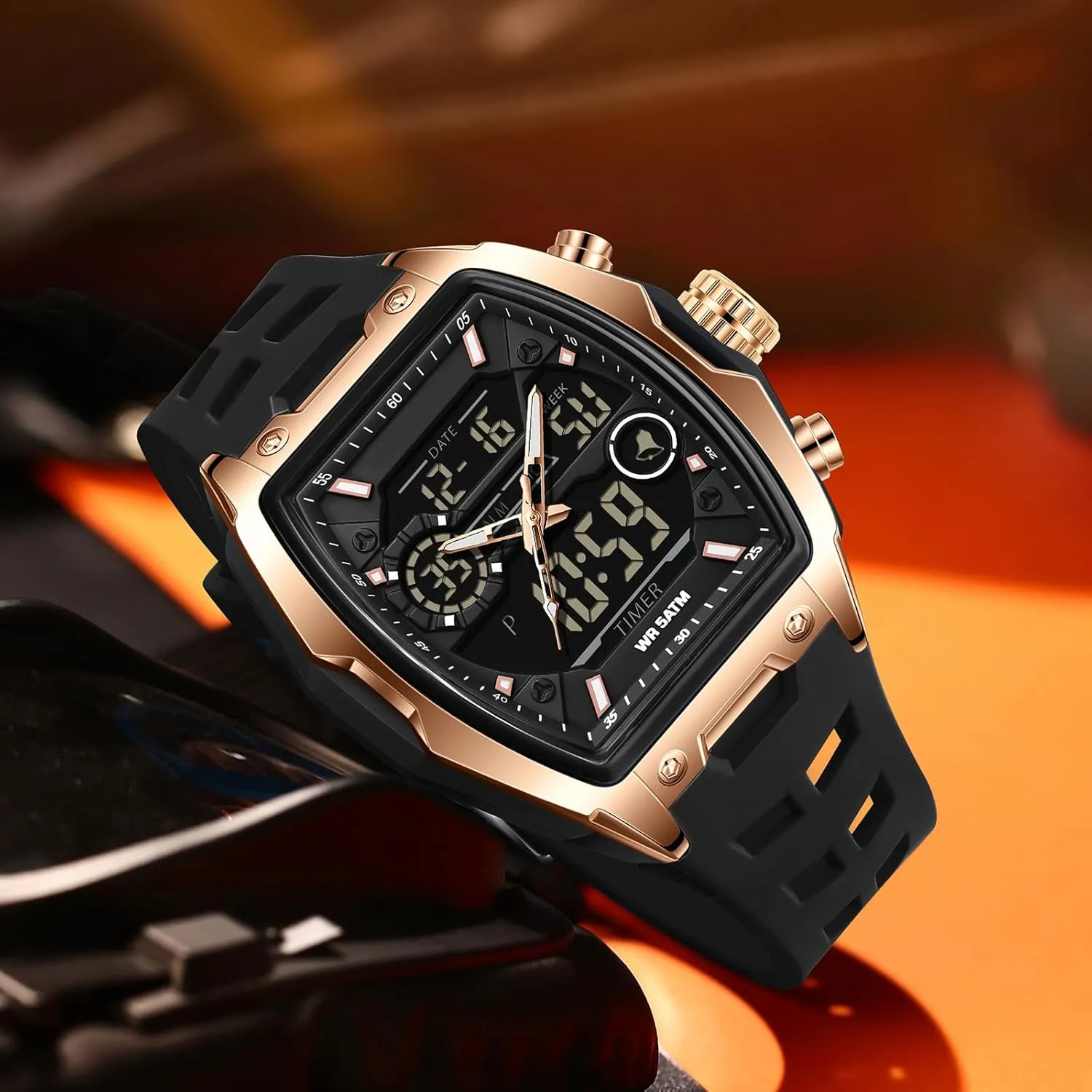 Sport Analog Digital Large Dial White Silicon Strap findtime Men's Watch Rectangular Wrist Watches for Men Luminous Countdown Alarm publicize salty Ohio Waterproof 