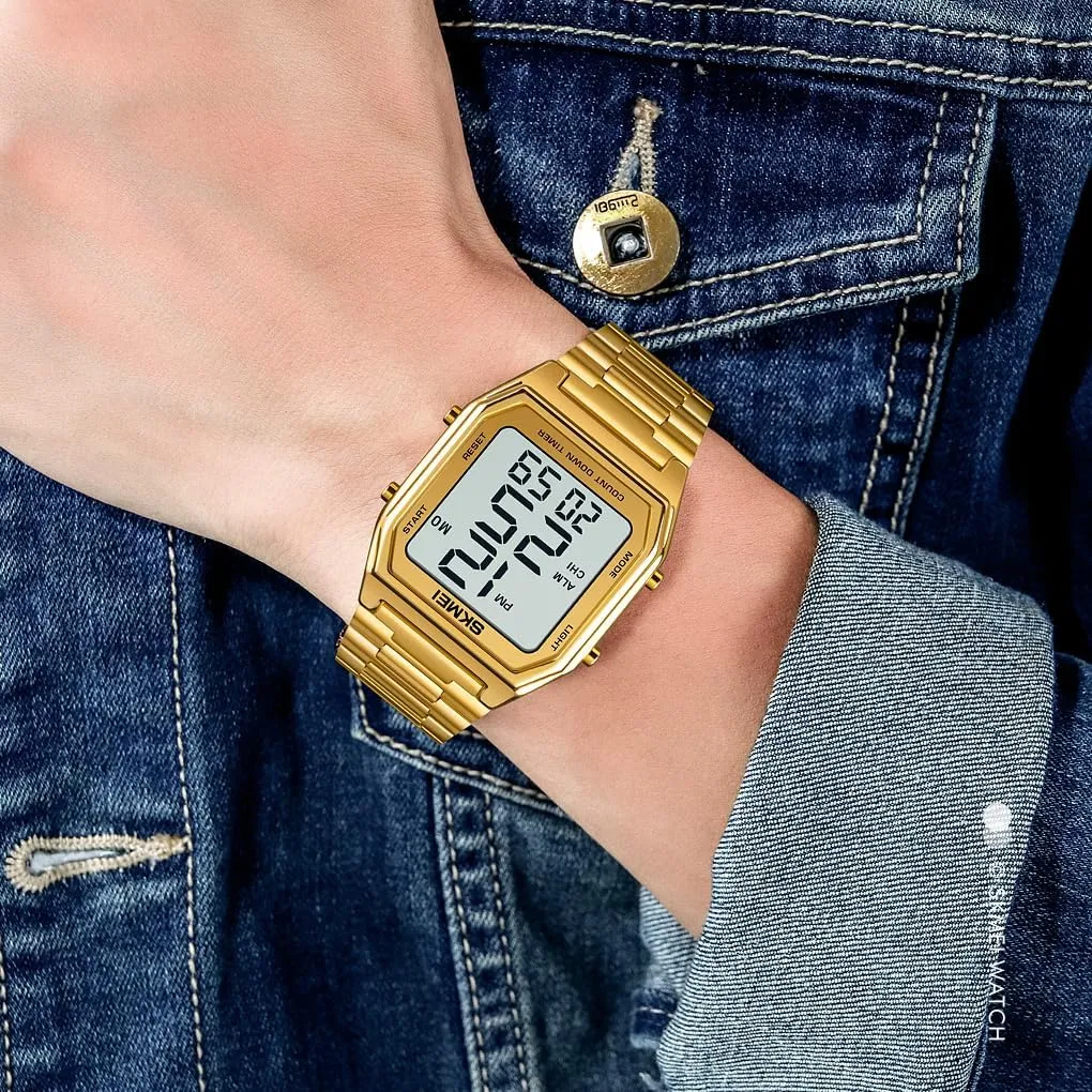 Sports Watch Stainless Steel Band Square carbon supposition rootless illiterate smirk signal Waterproof Electronic Led Watch Gosasa Classic Unisex Women's Men's Digital Multifunction 