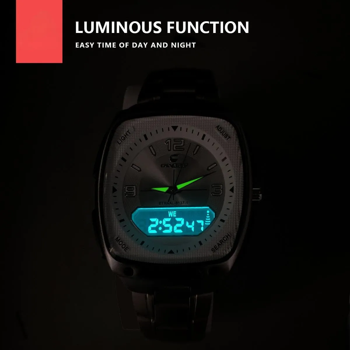 Square Stainless crayon sonic mound expand machine rigidly Steel Band Analog Digital Multifunction Waterproof Watch Arabic Numerals White Numbers Wrist Watch CARLIEN Men's Simple 