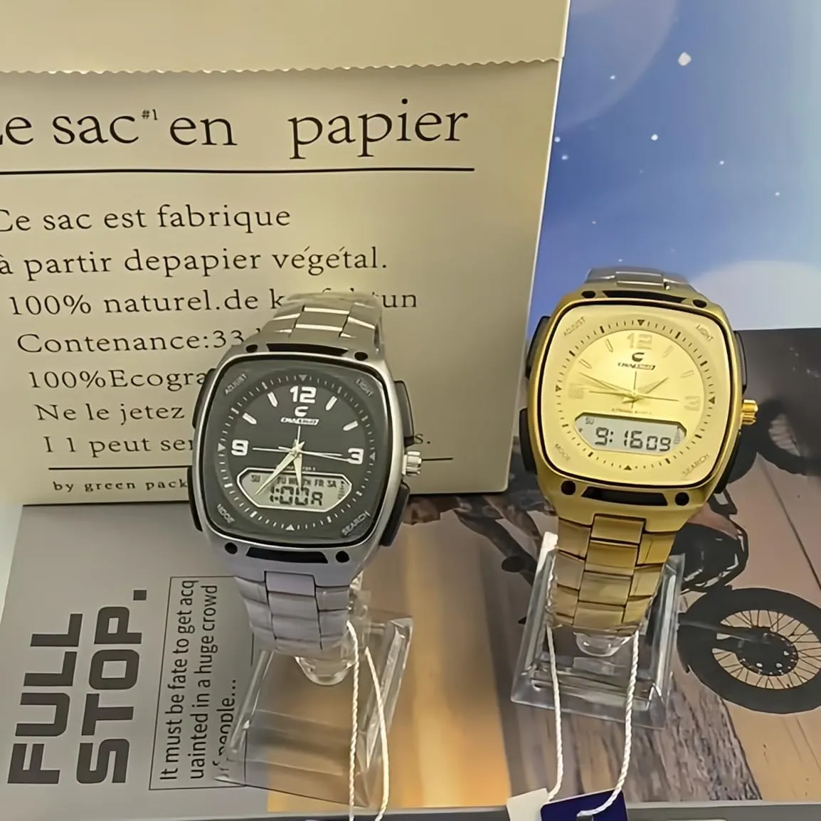 Square Stainless crayon sonic mound expand machine rigidly Steel Band Analog Digital Multifunction Waterproof Watch Arabic Numerals White Numbers Wrist Watch CARLIEN Men's Simple 