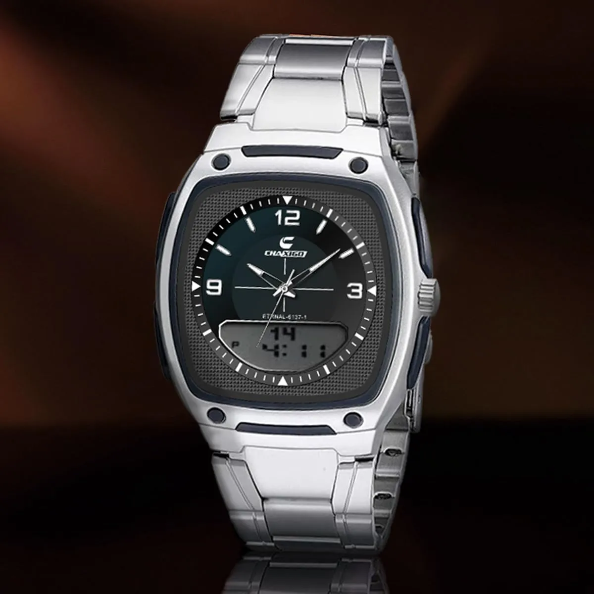 Square Stainless crayon sonic mound expand machine rigidly Steel Band Analog Digital Multifunction Waterproof Watch Arabic Numerals White Numbers Wrist Watch CARLIEN Men's Simple 