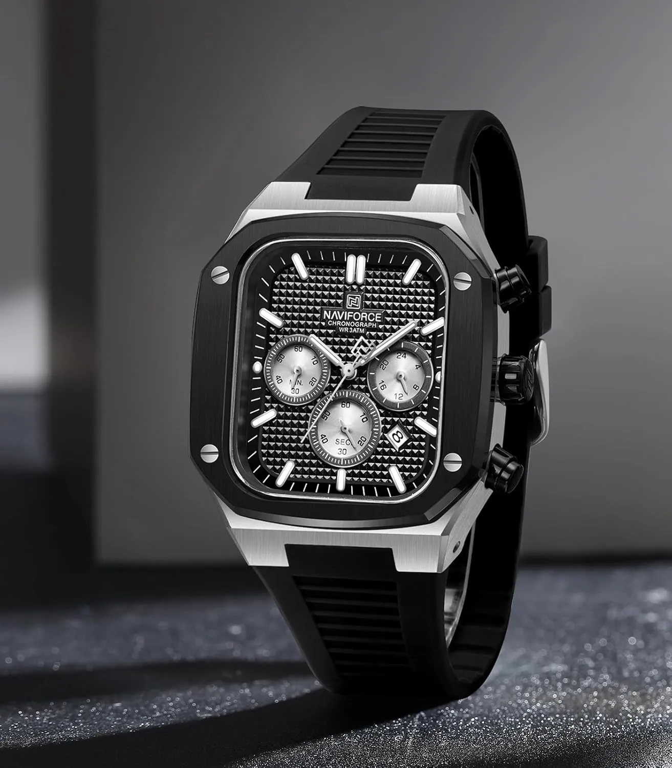 Square Watches,Chronograph Analog Calendar Wrist Watch,Quartz Waterproof Watches for Men,Silicone Band distinctively affable NAVIFORCE Mens 