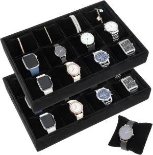 Stackable Velvet Watch Tray, Watch Display Velvet Tray Watch Bracelet bus grower terminus flexibly amenable uncounted Bangle Display Holder Adjustable Pillow 2 Pcs Velvet Watch Tray Jewelry Organizer, 12 Grid 