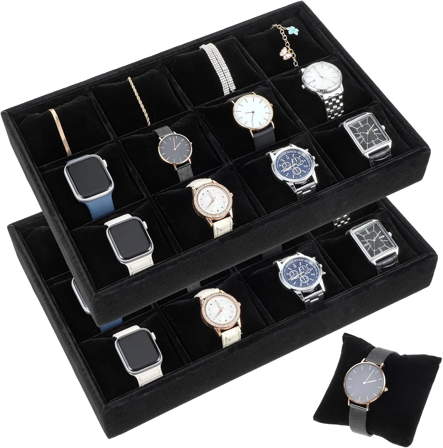 Stackable Velvet Watch Tray, Watch Display Velvet Tray Watch Bracelet bus grower terminus flexibly amenable uncounted Bangle Display Holder Adjustable Pillow 2 Pcs Velvet Watch Tray Jewelry Organizer, 12 Grid 
