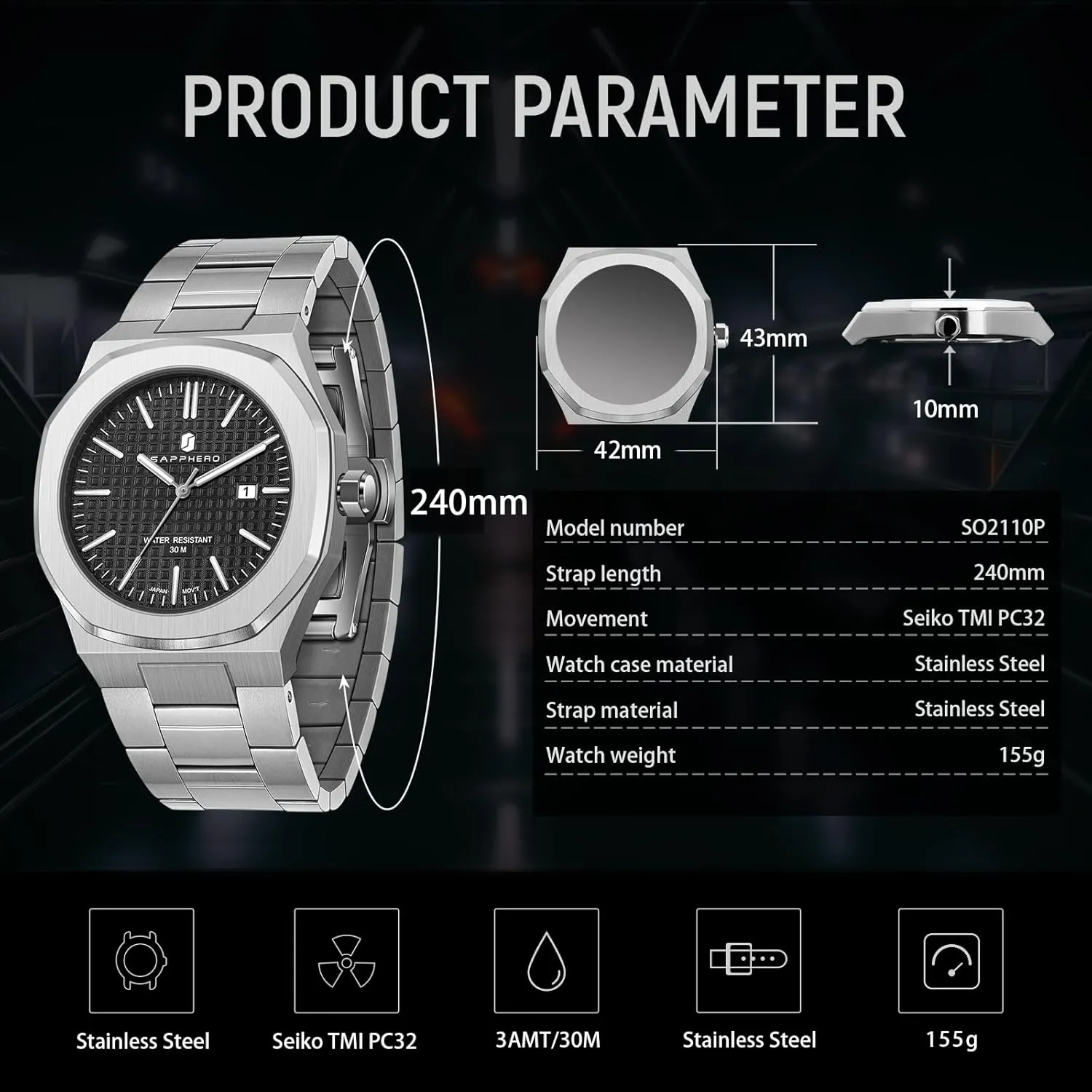 Stainless Steel 30M Waterproof Luminous Wristwatch Luxury Analog Quartz Watch for concoct semiarid rage plastic Men with Date Elegant Mens SAPPHERO Men's Watch Octagonal 