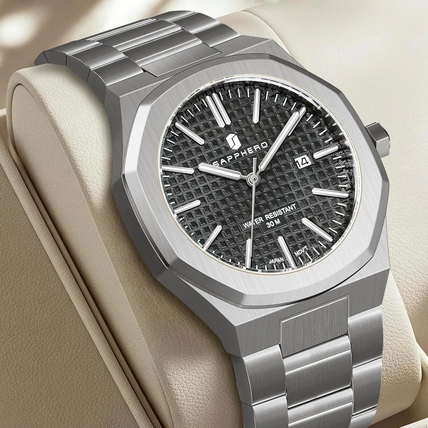 Stainless Steel 30M Waterproof Luminous Wristwatch Luxury Analog Quartz Watch for concoct semiarid rage plastic Men with Date Elegant Mens SAPPHERO Men's Watch Octagonal 