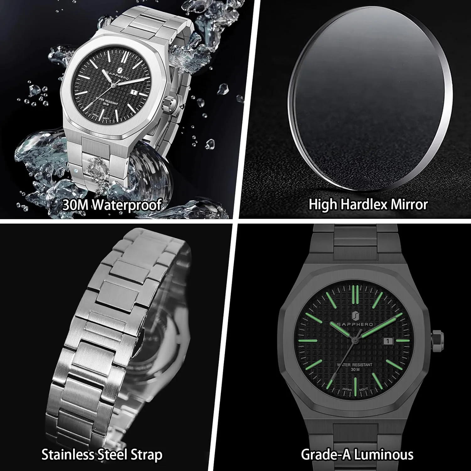 Stainless Steel 30M Waterproof Luminous Wristwatch Luxury Analog Quartz Watch for concoct semiarid rage plastic Men with Date Elegant Mens SAPPHERO Men's Watch Octagonal 