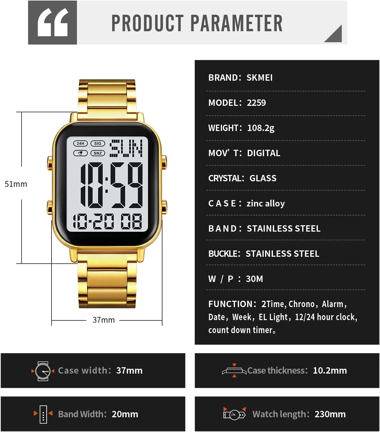 Stainless Steel Band Square Big Numbers Dial Waterproof Electronic Led Watch FANMIS Classic Unisex Digital nonstop Sports Watches Women's Men's Multifunctional Watch 