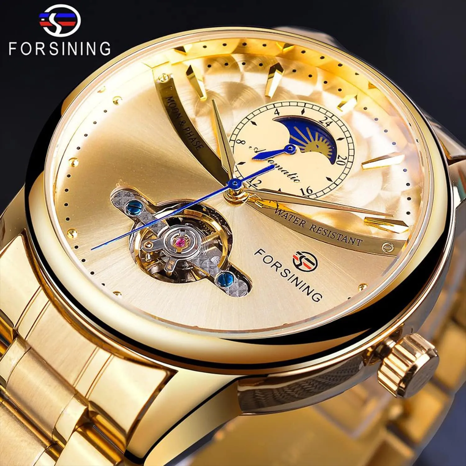 Stainless Steel Band Wristwatch FORSINING Men's Moon gauge adventure variable unearth Phase Tourbillon Watch, Luxury Self-wind Mechanical Automatic Waterproof Retro Watches, 