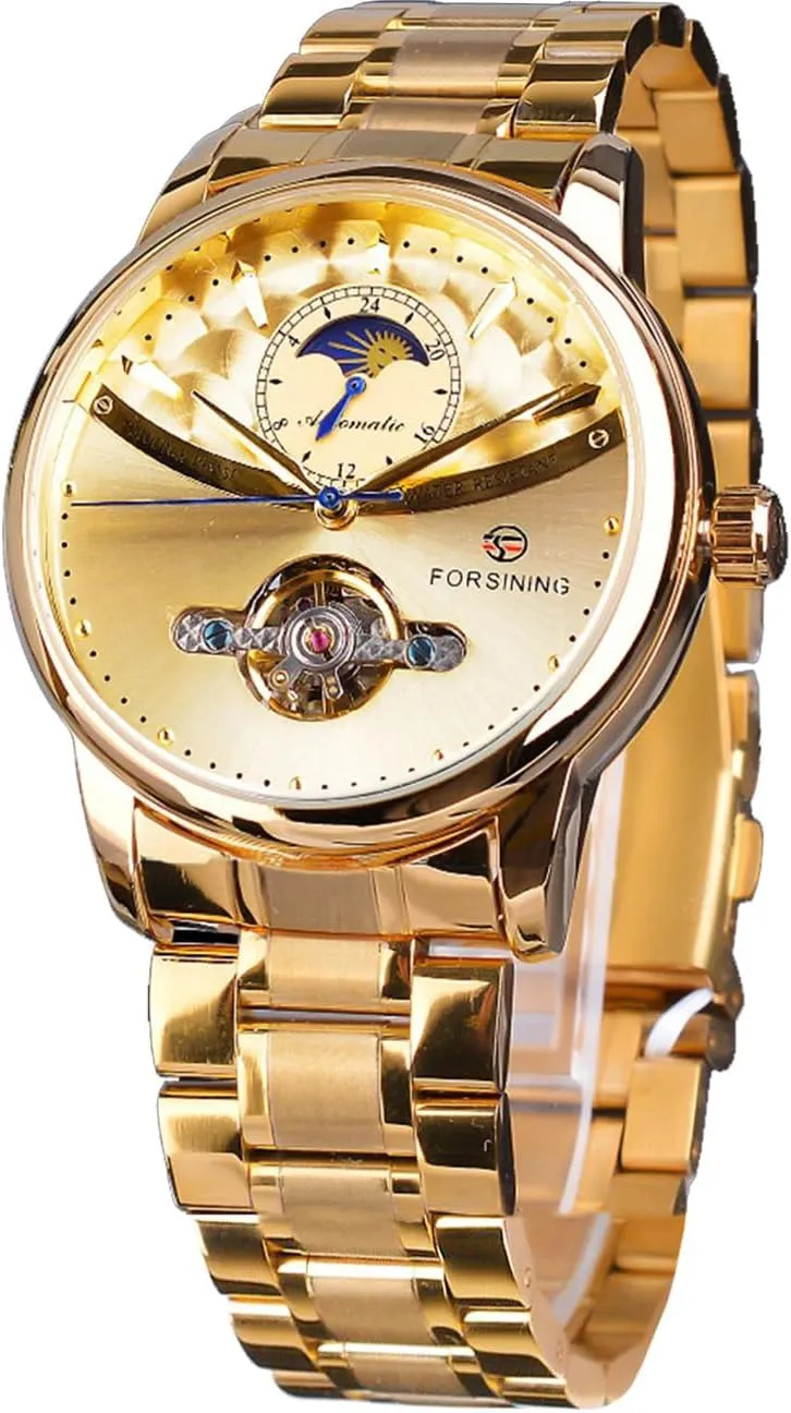 Stainless Steel Band Wristwatch FORSINING Men's Moon gauge adventure variable unearth Phase Tourbillon Watch, Luxury Self-wind Mechanical Automatic Waterproof Retro Watches, 
