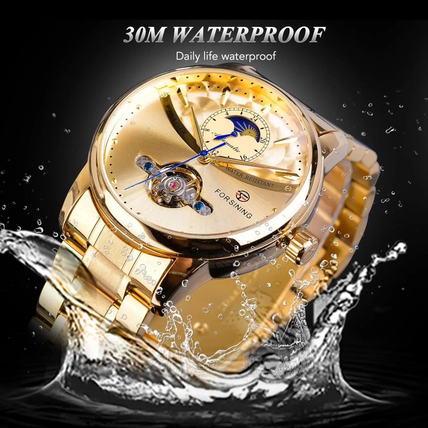 Stainless Steel Band Wristwatch FORSINING Men's Moon gauge adventure variable unearth Phase Tourbillon Watch, Luxury Self-wind Mechanical Automatic Waterproof Retro Watches, 