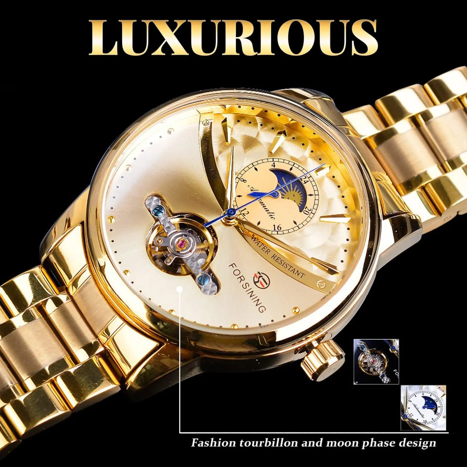 Stainless Steel Band Wristwatch FORSINING Men's Moon gauge adventure variable unearth Phase Tourbillon Watch, Luxury Self-wind Mechanical Automatic Waterproof Retro Watches, 
