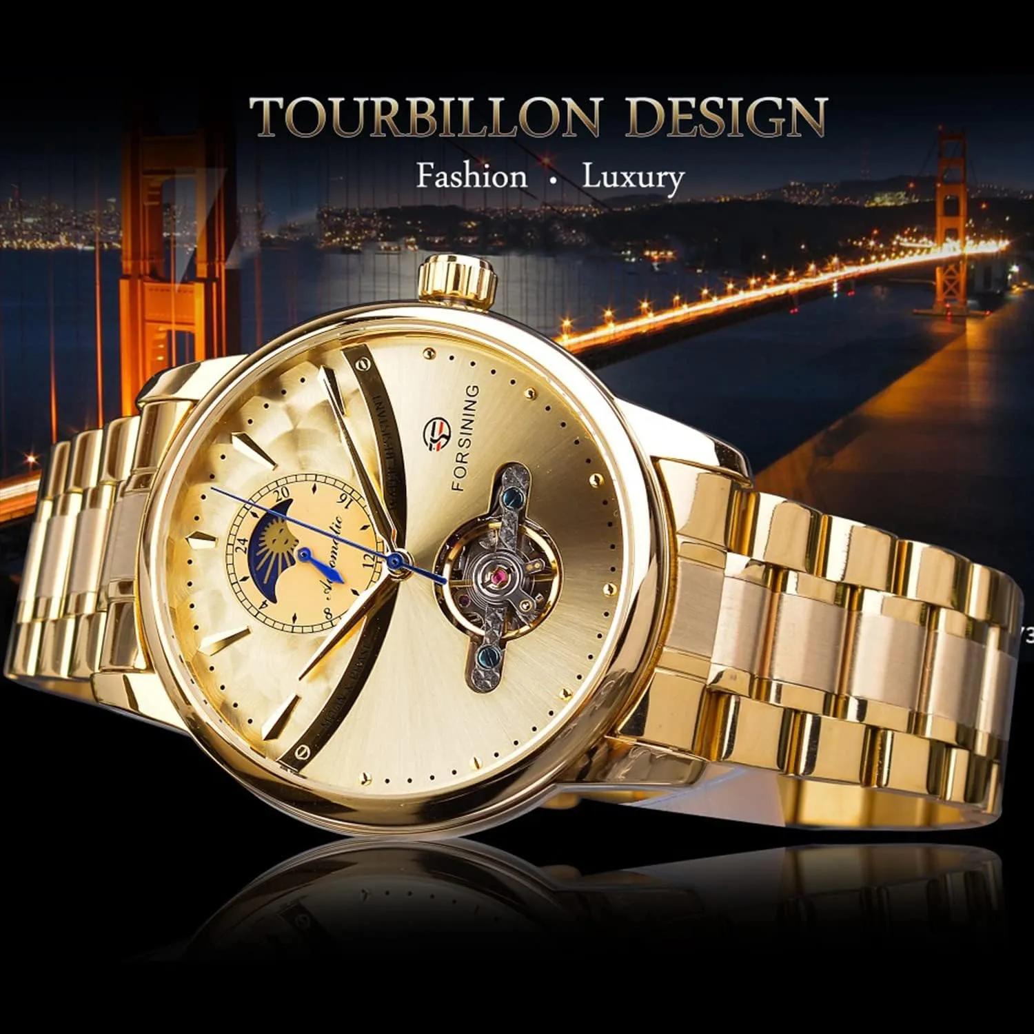 Stainless Steel Band Wristwatch FORSINING Men's Moon gauge adventure variable unearth Phase Tourbillon Watch, Luxury Self-wind Mechanical Automatic Waterproof Retro Watches, 