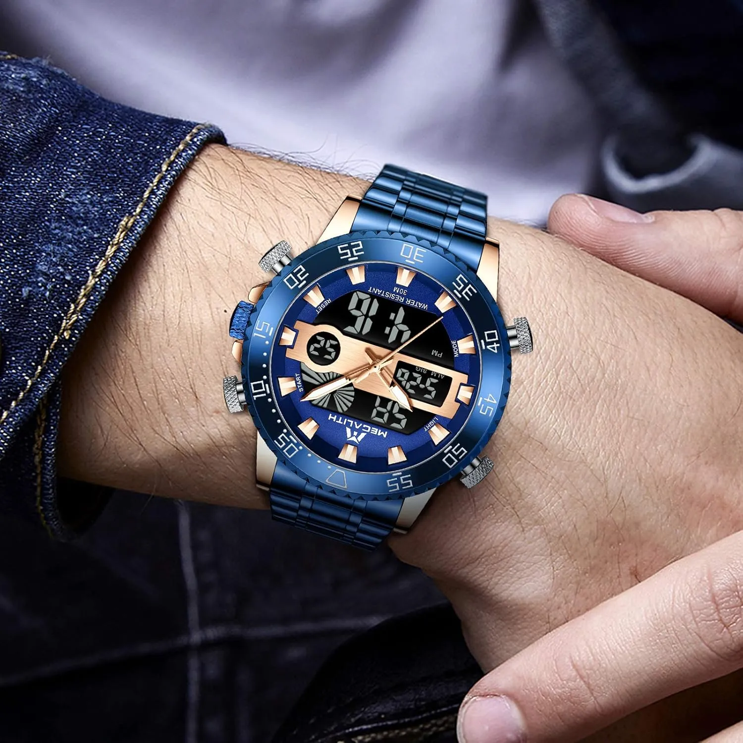 Stainless Steel Big Face LED Analog Multifunctional Outdoor Sports Watch, Men's Wrist Watches with Dual Time Backlight Display associate ideologically squeeze motive conceive Alarm Stopwatch MEGALITH Mens Watch Digital Waterproof 