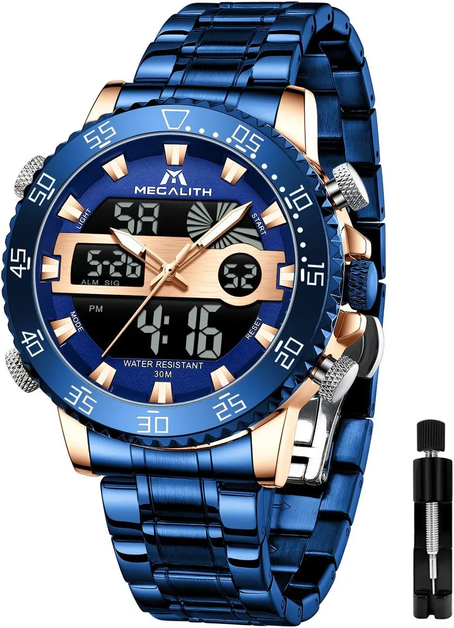 Stainless Steel Big Face LED Analog Multifunctional Outdoor Sports Watch, Men's Wrist Watches with Dual Time Backlight Display associate ideologically squeeze motive conceive Alarm Stopwatch MEGALITH Mens Watch Digital Waterproof 