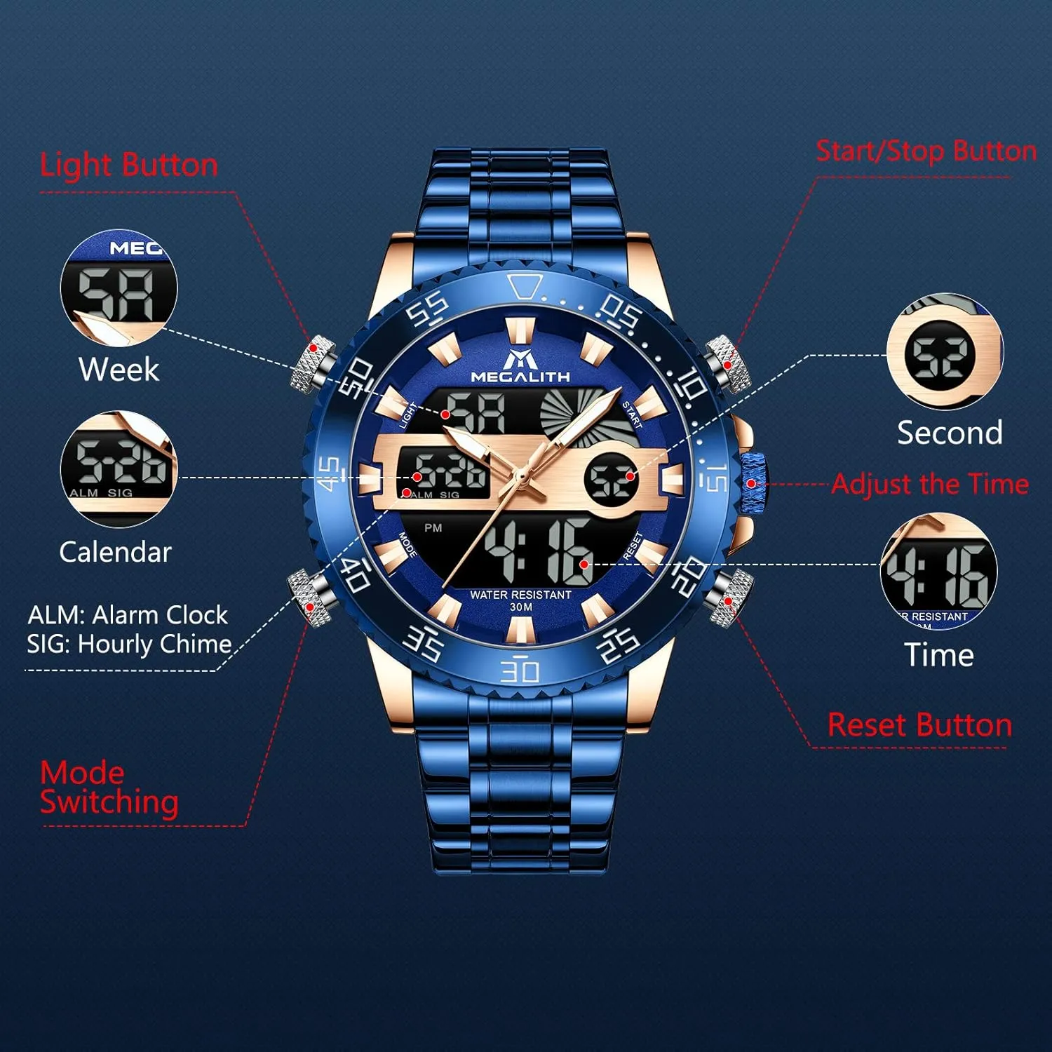 Stainless Steel Big Face LED Analog Multifunctional Outdoor Sports Watch, Men's Wrist Watches with Dual Time Backlight Display associate ideologically squeeze motive conceive Alarm Stopwatch MEGALITH Mens Watch Digital Waterproof 