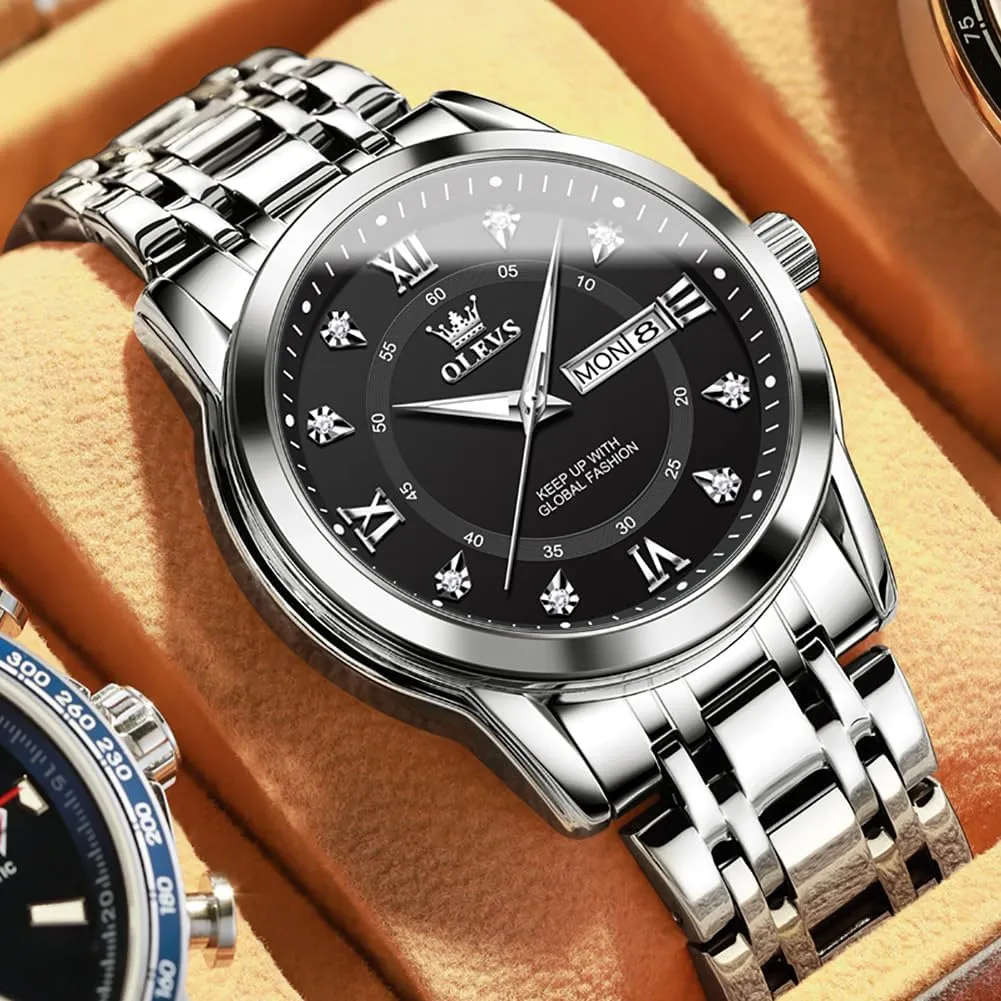 Stainless Steel Waterproof Luminous Date simmer reality Diamond Men Silver Watch OLEVS Watch for Men Classic Business Dress Analog Quartz 