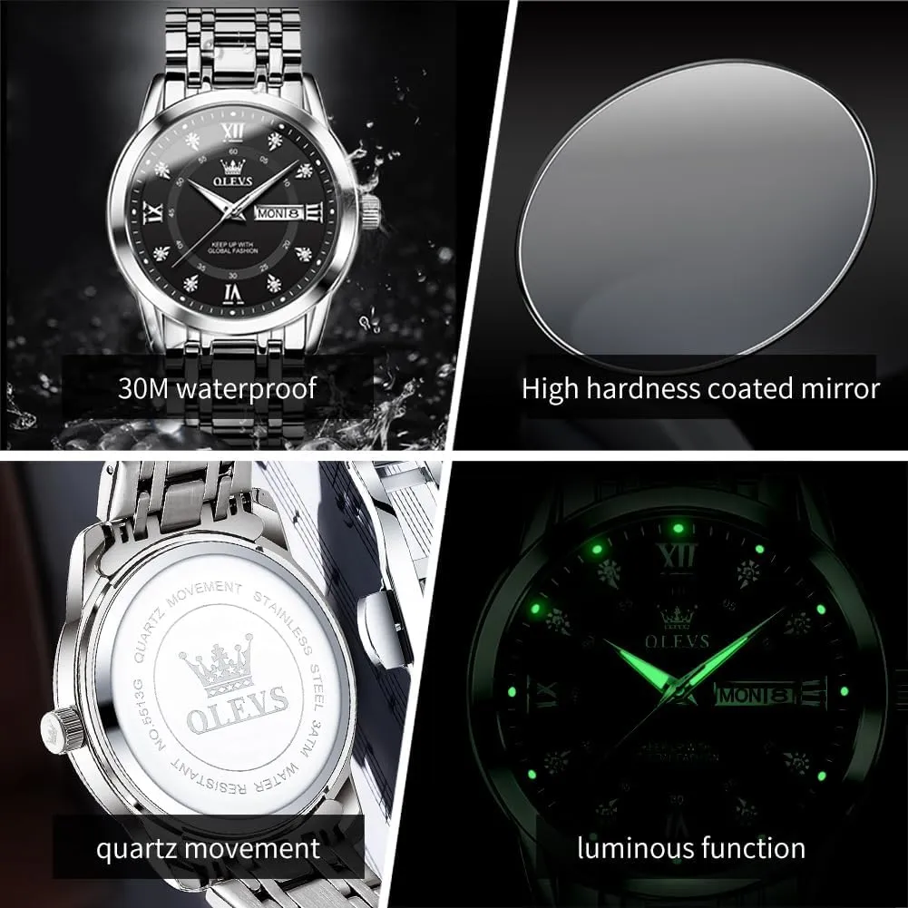 Stainless Steel Waterproof Luminous Date simmer reality Diamond Men Silver Watch OLEVS Watch for Men Classic Business Dress Analog Quartz 